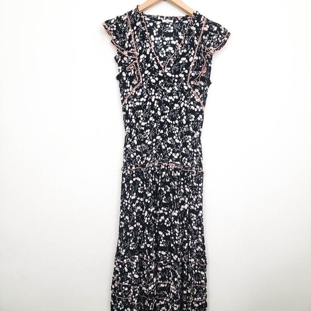 Poupette St Barth Flutter Sleeve Black Floral Midi Dress